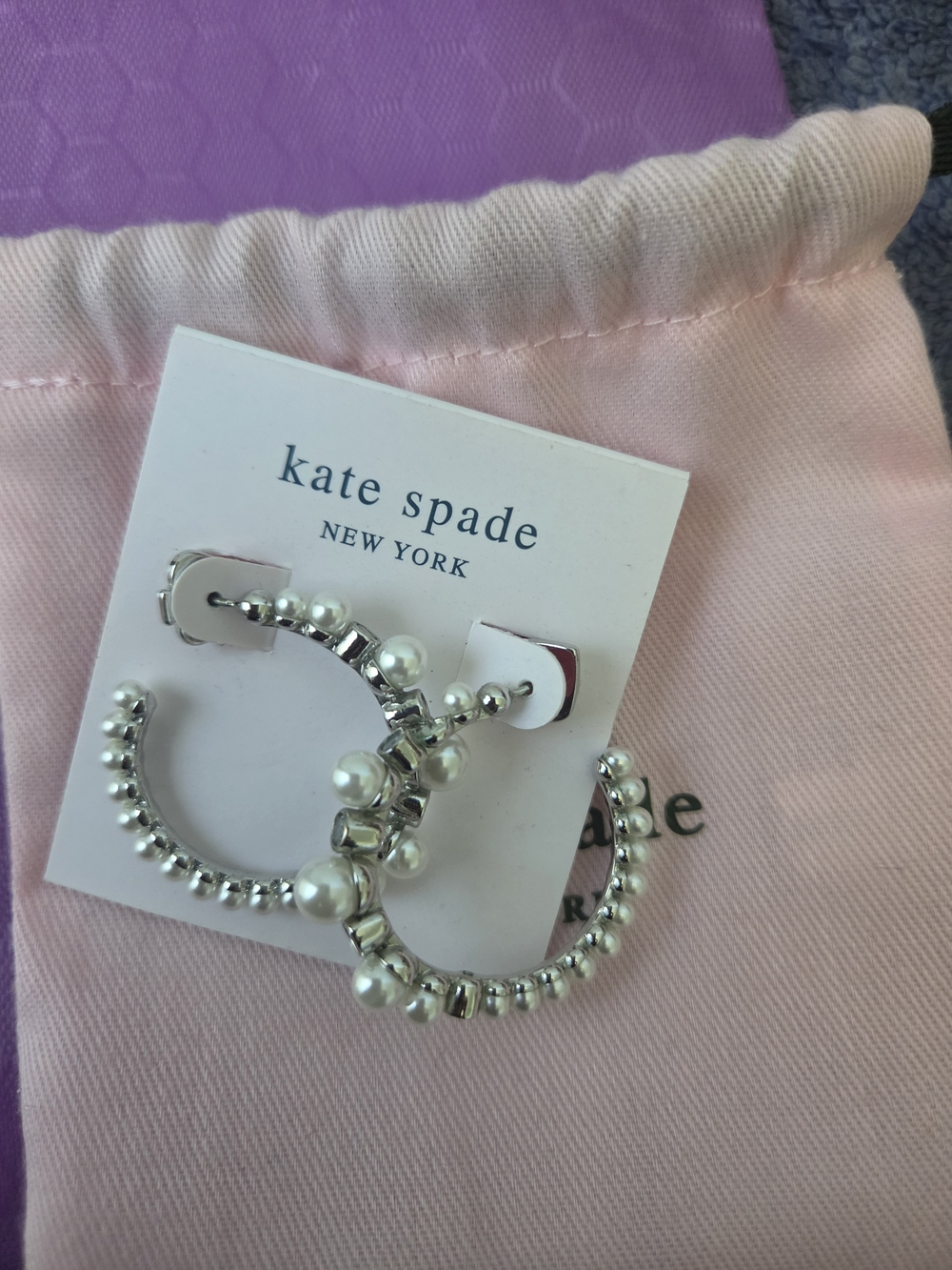 kate spade Silver-tone Hoop Earrings with Faux Pearls with dust bag